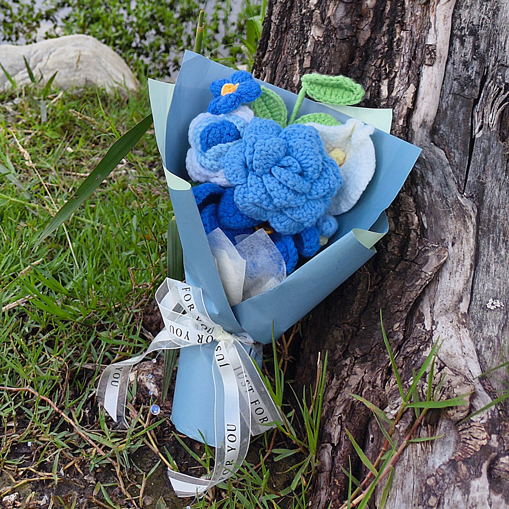 Handmade Crochet Flowers , Blue Knitted Bouquet Gift