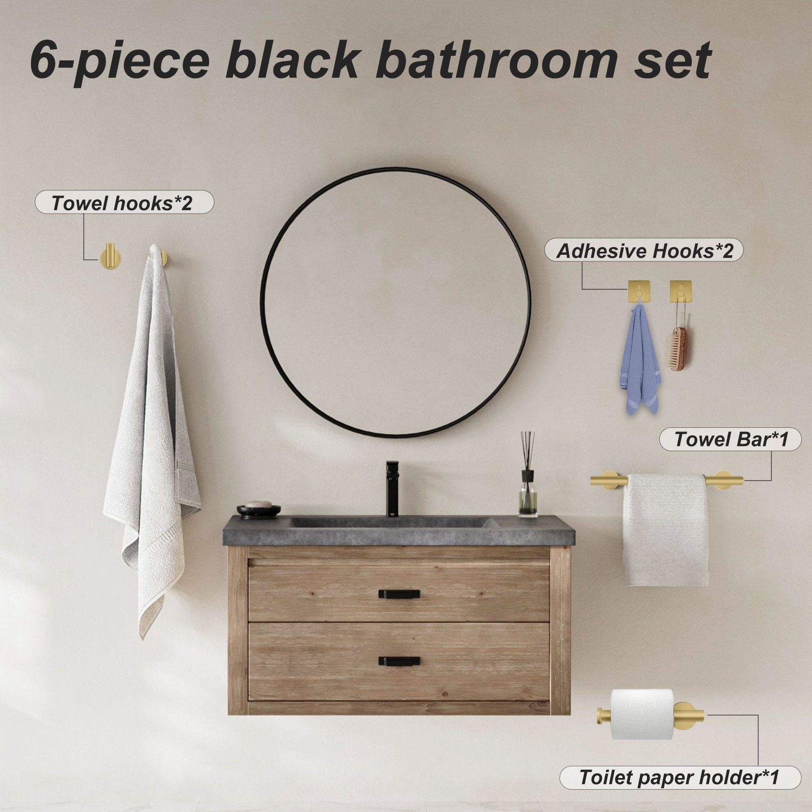 Gold Bathroom Accessories Set 6-Piece Towel Rail Bathroom Hardware Set 40CM