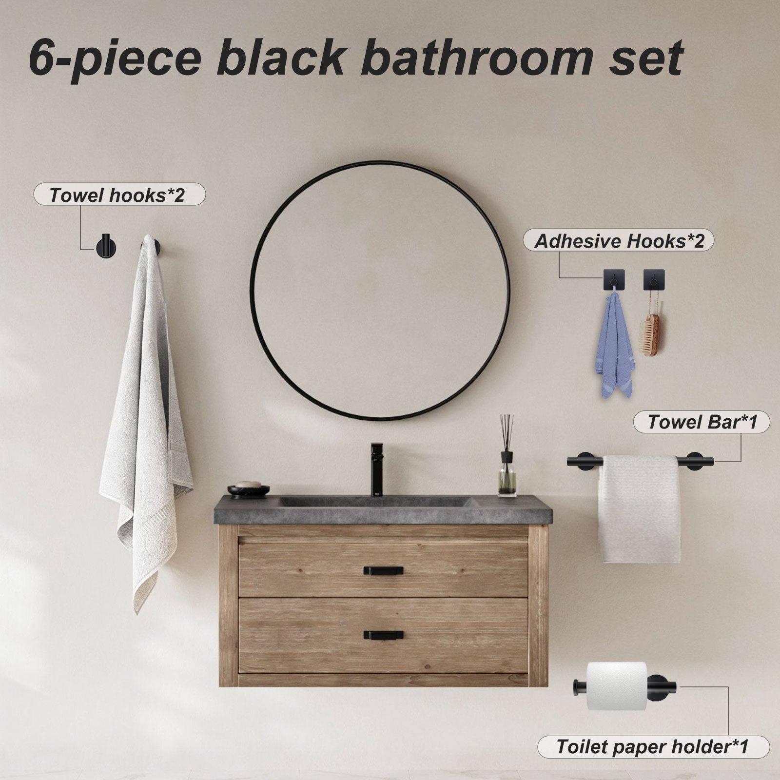 Towel Rail Bathroom Hardware Set 6-Piece Black Bathroom Accessories Set 40CM