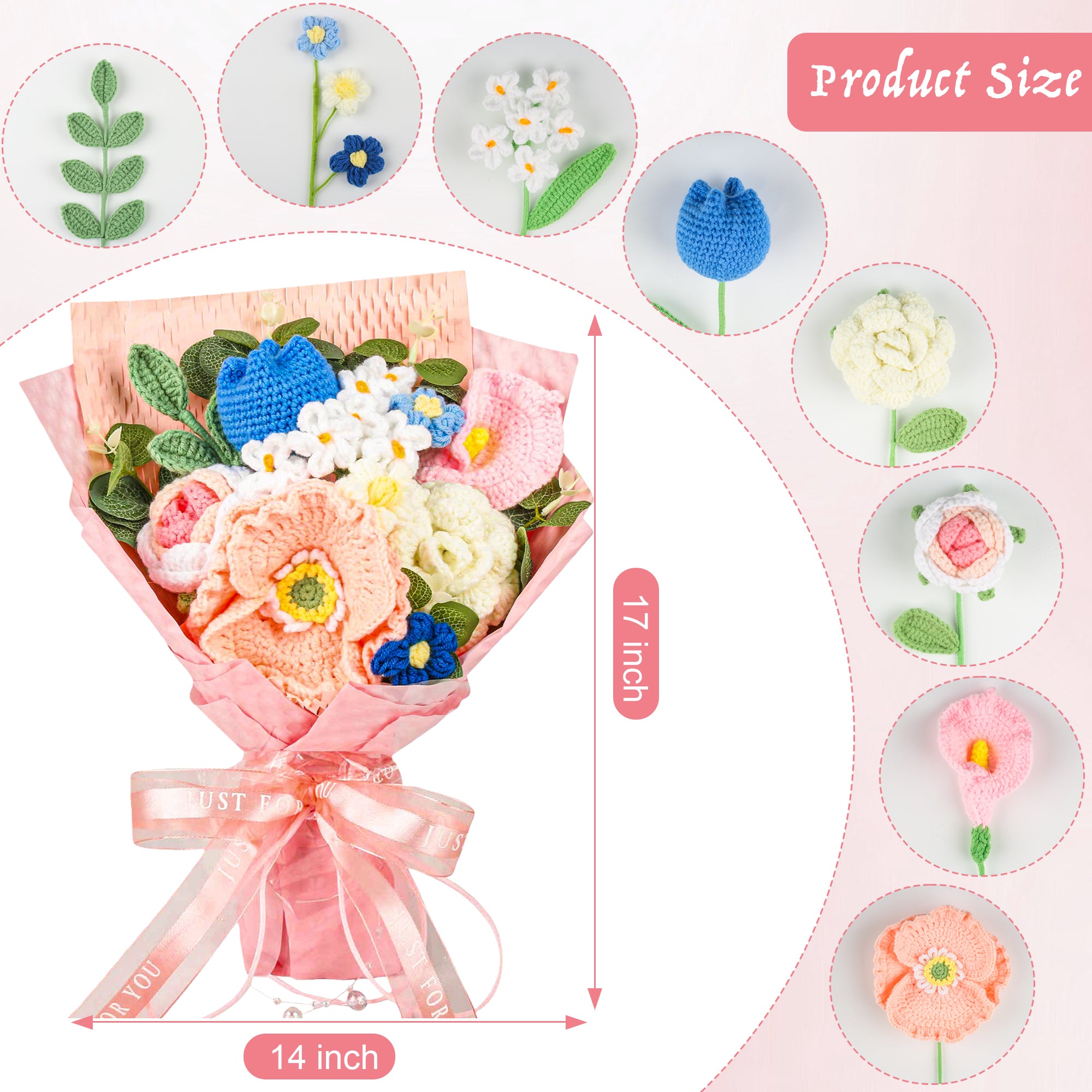 Crochet Flower Bouquet Pink, Elegant Floral Gift for Her