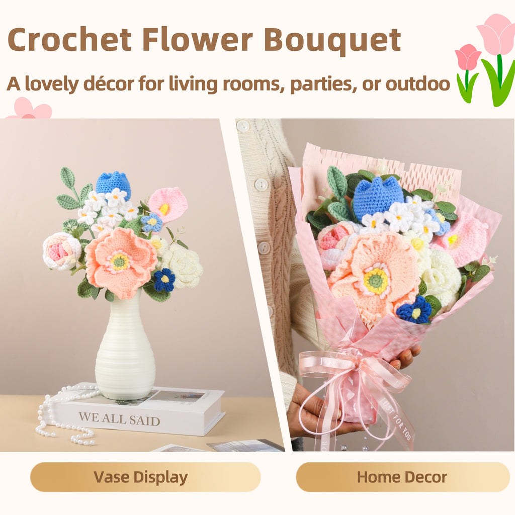 Crochet Flower Bouquet Pink, Elegant Floral Gift for Her
