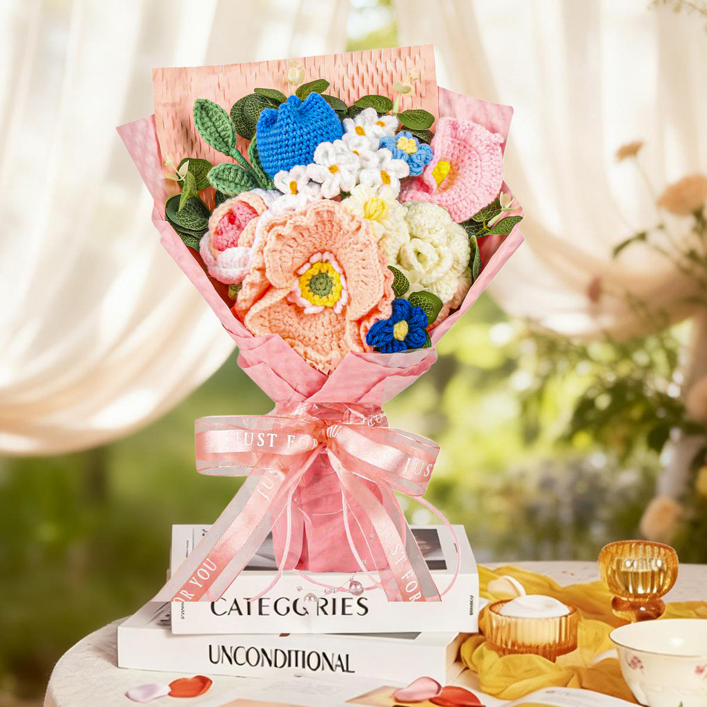 Crochet Flower Bouquet Pink, Elegant Floral Gift for Her